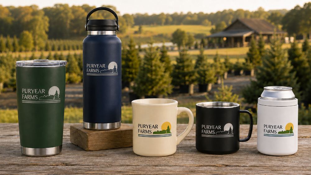 Premium branded tumblers, bottles, mugs, and can coolers