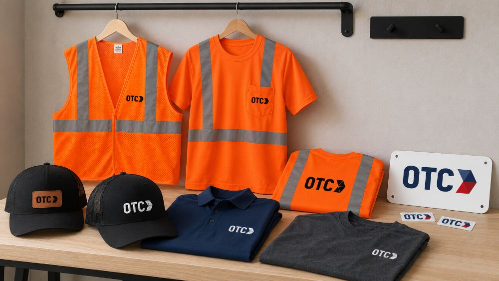 High-visibility branded workwear, safety vests, shirts, and hats